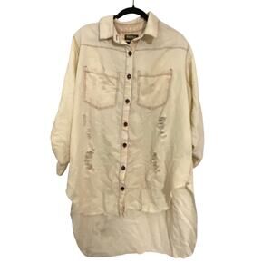 Thrill Jeans Cream Thrashed Grunge Distressed Shirt Jacket Shacket Raw‎ Hem 3X